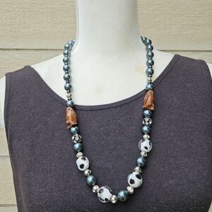 glass beaded necklace dark green faux pearls owls